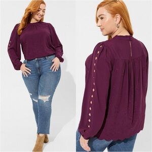 TORRID Challis Embroidered Cut Out Long Sleeve Blouse